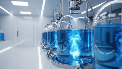 Row of futuristic bioreactors with glowing blue liquid in a modern, sterile laboratory setting, representing biotechnology and scientific research