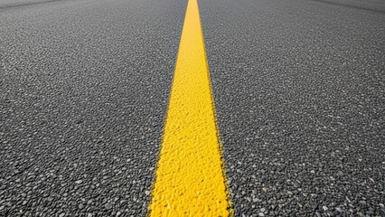 Closeup of a bright yellow painted line running down the center of a dark asphalt road surface, perspective view