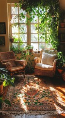 Bohemian interior cozy living room with plants sunlight warm decor picture
