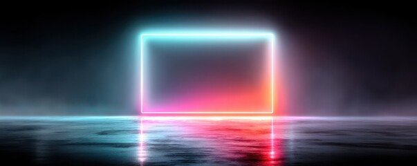Abstract neon glowing frame over a dark sea with blue and purple light reflections
