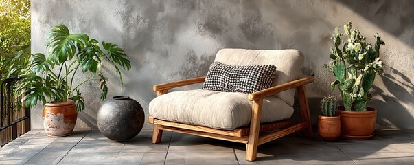 Beige cushioned wooden chair on a patio with potted cactus and monstera plants