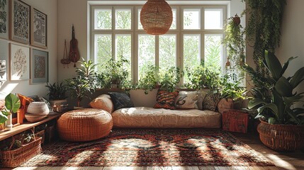Bohemian interior design cozy living room greenery sunlight photo