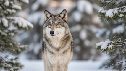 Fototapeta premium Portrait of a Majestic Grey Wolf in a Snowy Winter Forest