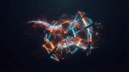 A vibrant and dynamic abstract image of glowing geometric shapes in space