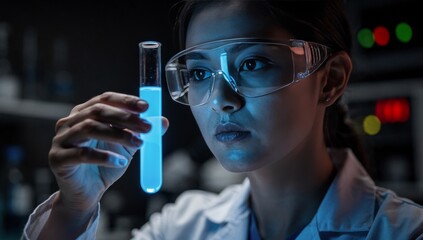 Scientist Examining Blue Liquid in Test Tube in Laboratory. Represents medical discovery, chemistry, pharmaceutical research, and science.