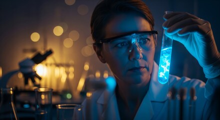 Scientist Examining Blue Liquid in Test Tube in Laboratory. Represents medical discovery, chemistry, pharmaceutical research, and science.