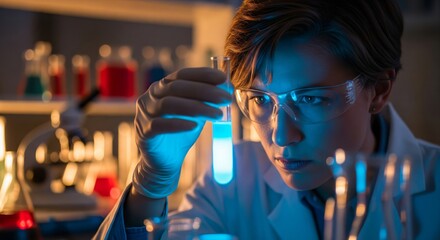 Scientist Examining Blue Liquid in Test Tube in Laboratory. Represents medical discovery, chemistry, pharmaceutical research, and science.