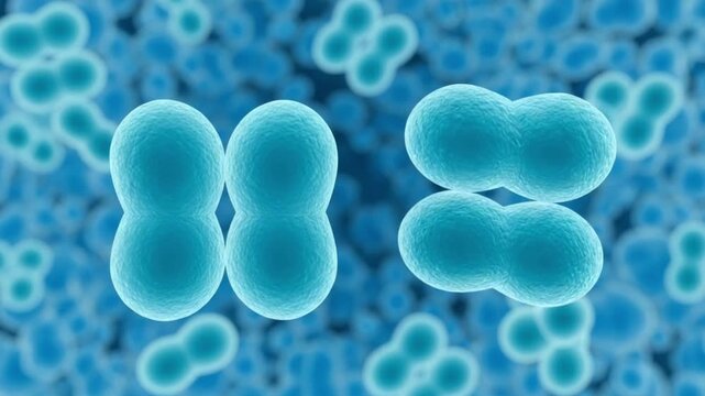 Microscopic view of blue bacteria cells on a blurred blue background