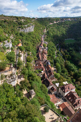 Village of Rocamadour in France, perched on a cliff in a valley