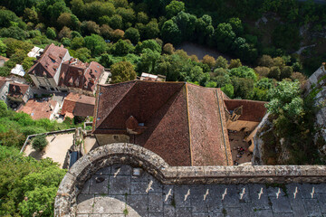 Village of Rocamadour in France, perched on a cliff in a valley