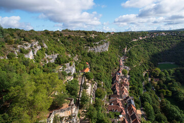 Village of Rocamadour in France, perched on a cliff in a valley