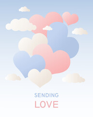 A soft pastel graphic illustration of pink, blue, and white hearts floating among white clouds in a blue sky with the text "Sending Love."