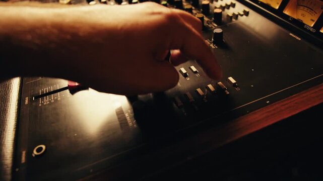 Music studio close up, Close up hands shot of sound engineer using mixing console, remote control for adjusting sound, audio mixer. Musician creates music, makes remix for DJ set. Sound recording