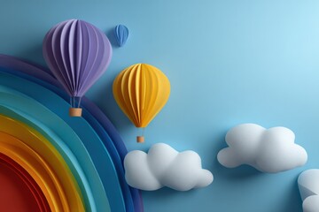 Obraz premium Colorful hot air balloons and fluffy clouds over rainbow background
