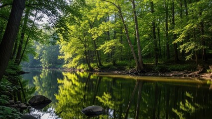 Obraz premium Calm Forest River Reflecting Green Trees in Sunlight
