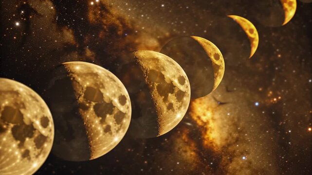 Spiritual zodiac art Sequence of Moon Phases Set Against Vibrant Cosmic Background Showcasing Moon Transition from Full to Crescent in Starry Sky