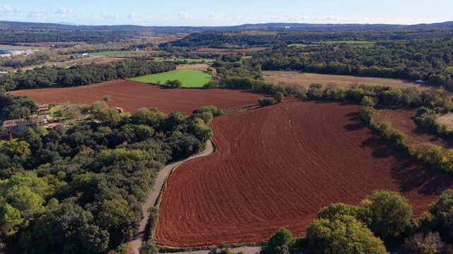 Aerial view of rural landscape with cultivated fields