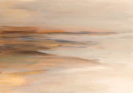Art oil, Acrylic brush stroke smear painting landscape canvas. Abstract texture glow gold, brown beige pastel color stain background.