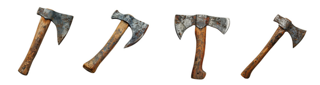 Four weathered hand axes with wooden handles are displayed showcasing a vintage aesthetic on transparent background