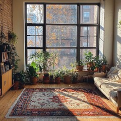 Bohemian living room indoor greenery cozy sunlight picture