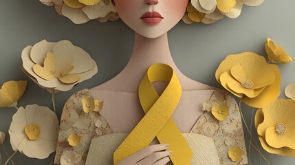 Endometriosis awareness yellow ribbon with faceless woman and paper flowers, delicate feminine health support concept