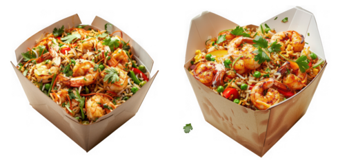Delicious shrimp fried rice served in cardboard takeout boxes a vibrant and flavorful meal on transparent background
