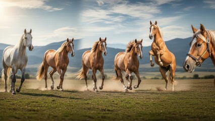 Majestic Herd of Horses Galloping Across an Open Grassy Field