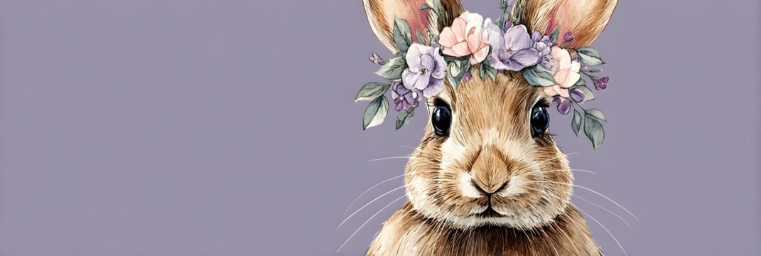 Cute Easter bunny with floral crown on pastel background, watercolor rabbit illustration for spring holiday