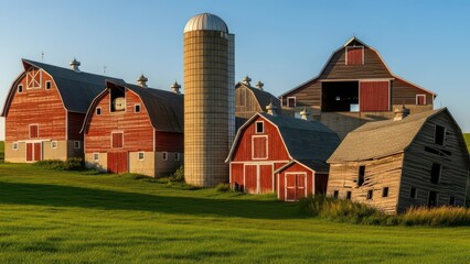 Row of Weathered and Rustic Red Barns on a Green Hillside