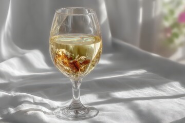 Elegant white wine glass on a white tablecloth, with soft reflections and delicate clarity