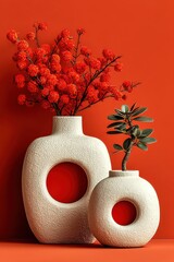 Two white ceramic vases with circular cutouts hold red flowers and greenery against a bold red backdrop