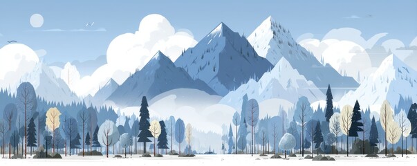 Vector illustration of a serene winter mountain landscape with pine trees and distant clouds