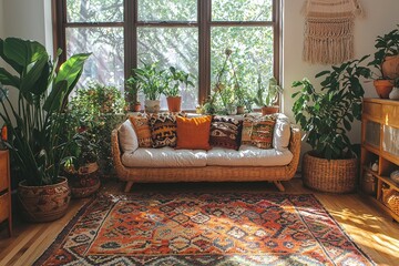 Bohemian style living room sunlight greenery cozy natural interior photo