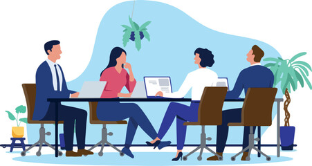 Office meeting at table - Team or group of businesspeople and clients sitting down discussing and talking about project progress. Flat design vector illustration on white background. © Nasima