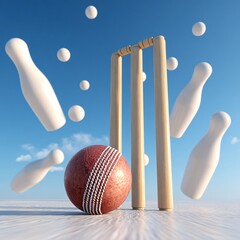 Cricket ball impact stumps airborne sports image