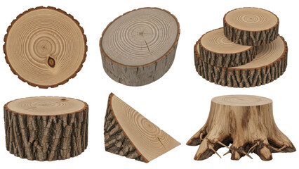 Natural wood logs and cut stumps with background removal