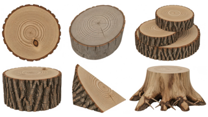 Natural wood logs and cut stumps with background removal