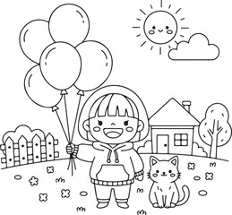 A happy cartoon child with balloons and a cute cat in a charming outdoor scene