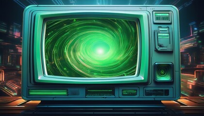 retro computer monitor displaying green data vortex in cyberpunk future