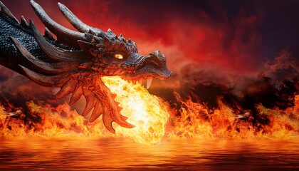 powerful dragon breathing fireball in dramatic inferno scene with intense detail