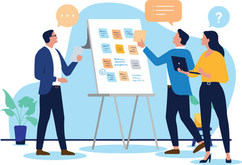 Fototapeta premium Team of business professionals brainstorming and planning ideas on a whiteboard with sticky notes, surrounded by speech bubbles and a question mark. Flat design vector illustration.