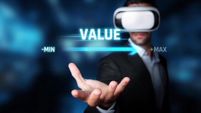 A businessman interacts with a virtual reality headset, showcasing a value range concept with a hand gesture. The modern background enhances the futuristic vibe. Raster