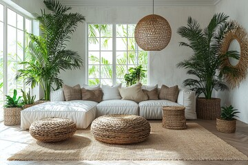 Bohemian cozy interior living room natural sunlight image
