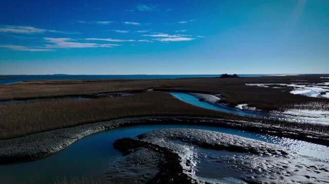 Aerial View of Bradford Bay and winding marsh creeks near Wachapreague, Virginia Eastern Shore