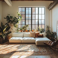 Bohemian cozy living room aesthetic natural plants photo
