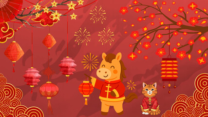 Chinese Zodiac Year of the Horse illustration representing strength, progress, and success. A bold and festive design ideal for corporate Lunar New Year greetings, leadership messaging, and motivation © Gao