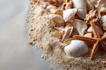 Seashells and starfish on sandy beach surface