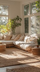 Bohemian cozy living room aesthetic sunlight greenery picture