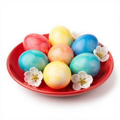 Plate with Easter dyed eggs and flowers