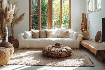 Bohemian cozy living space indoor plants sunlight image